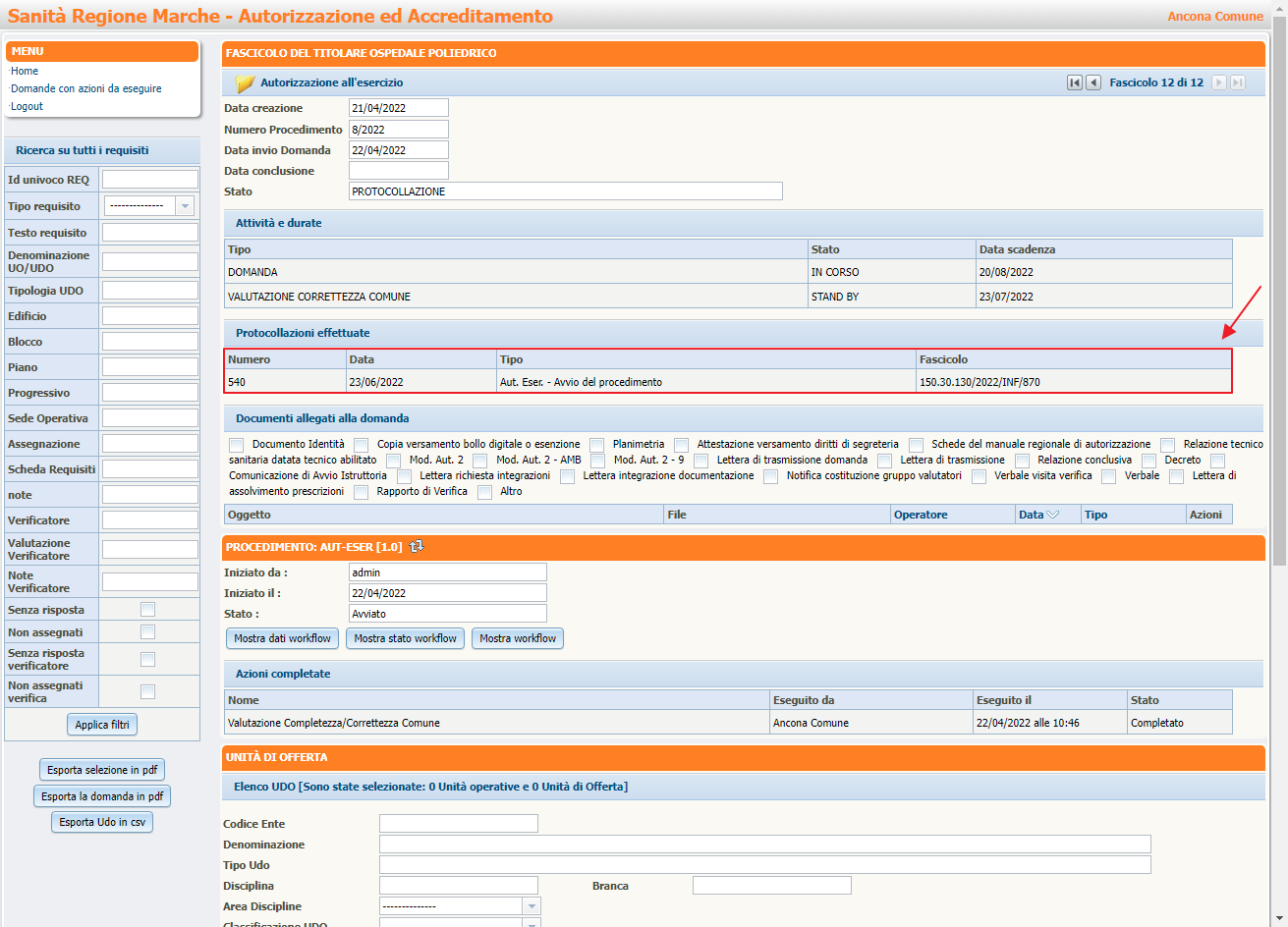 Sezione Protocollazioni effettuate con Numero Data Tipo e Fascicolo Sezione Protocollazioni effettuate con Numero Data Tipo e Fascicolo