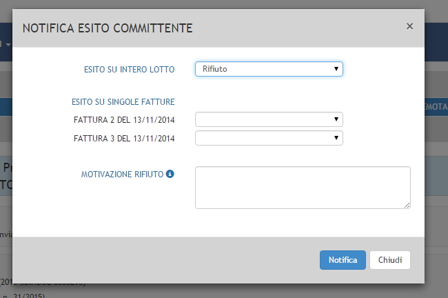 Rifiuto lotto di fatture