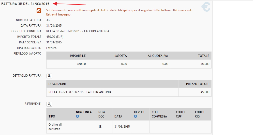 Registrazione della fattura - Dati della fattura