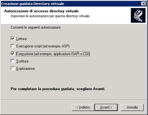 Configurazione directory virtuale - Diritti ISAPI