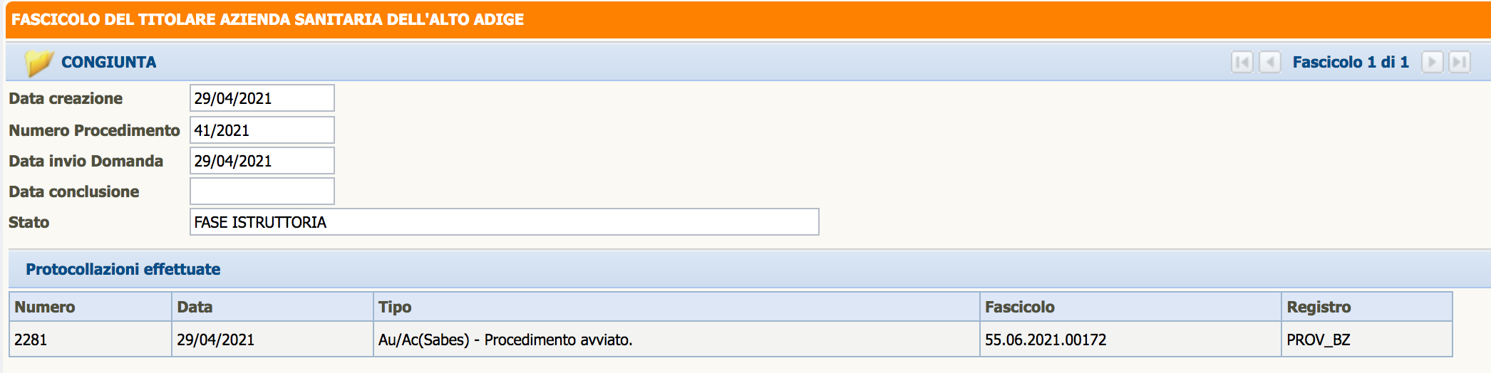 Visualizzazione dati di protocollo