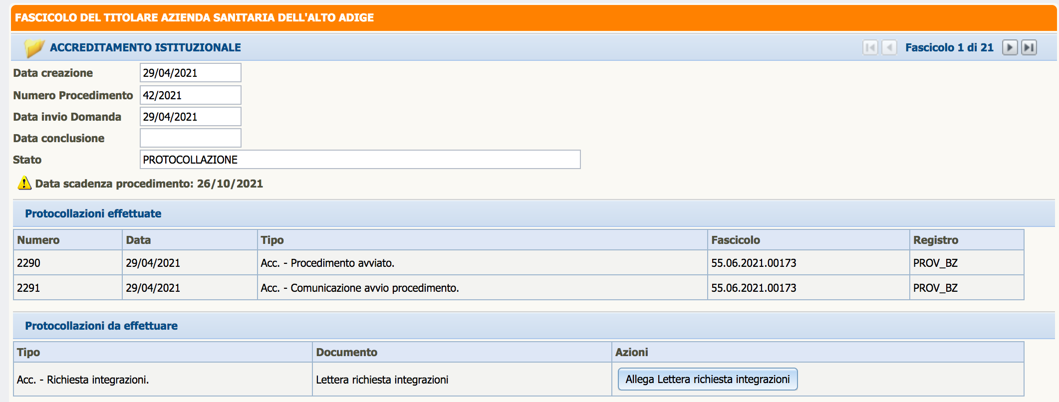 Allega lettera di richiesta di integrazioni