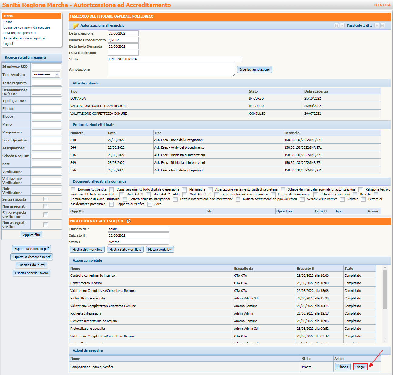 Pulsante Esegui Composizione Team Verifica