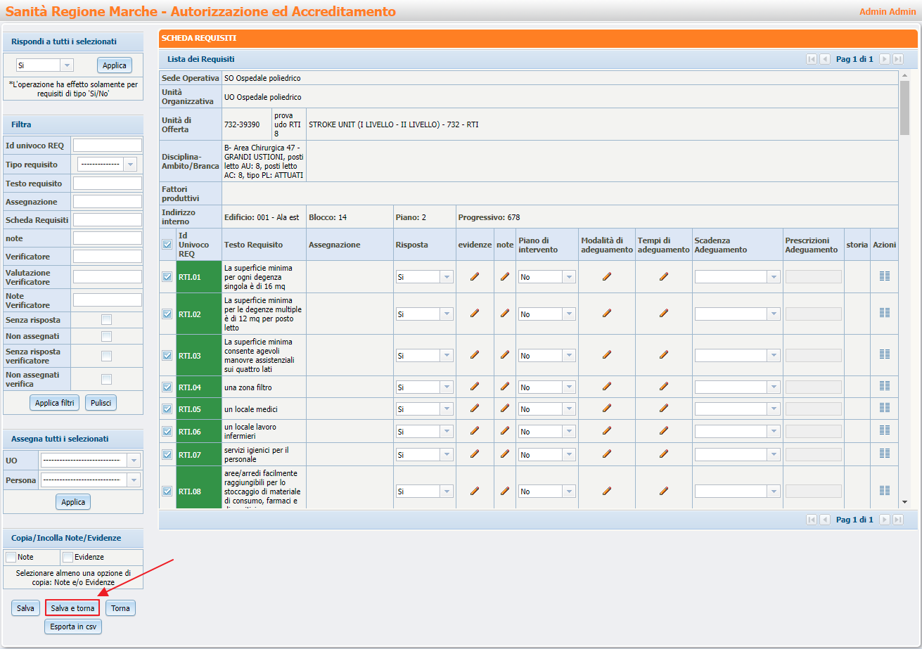 Pulsante Salva e Torna Scheda Requisiti UDO