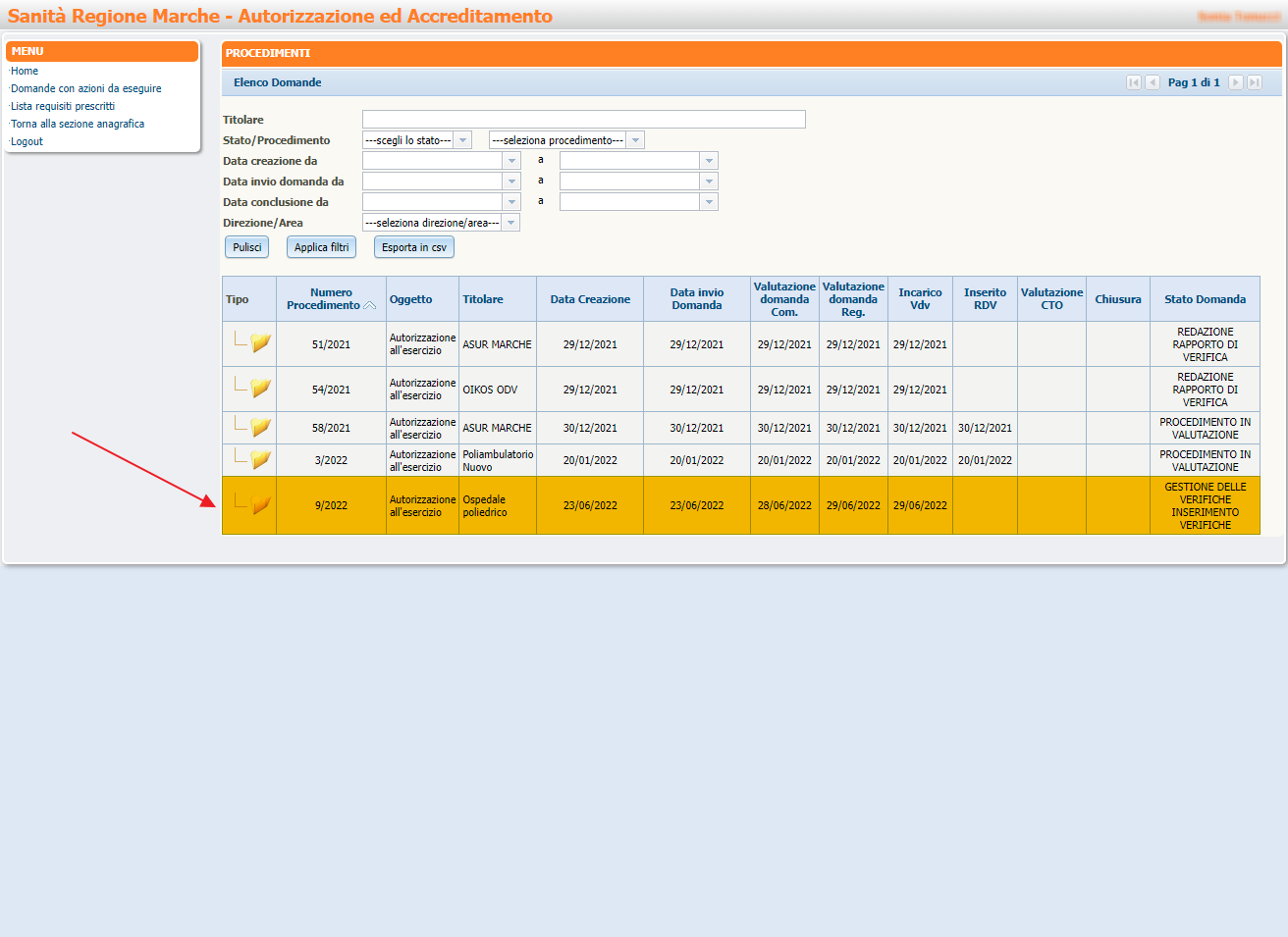 Selezione Domanda Stato Gestione Verifiche