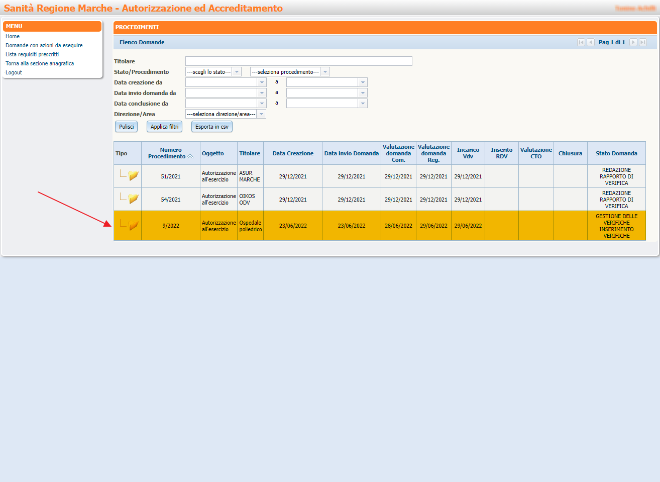 Selezione Domanda Stato Gestione Verifiche