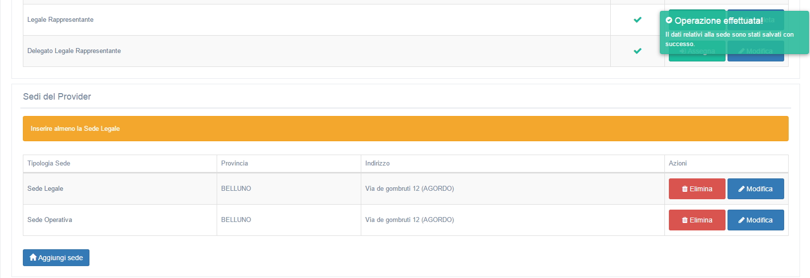 Visualizzazione sedi registrate