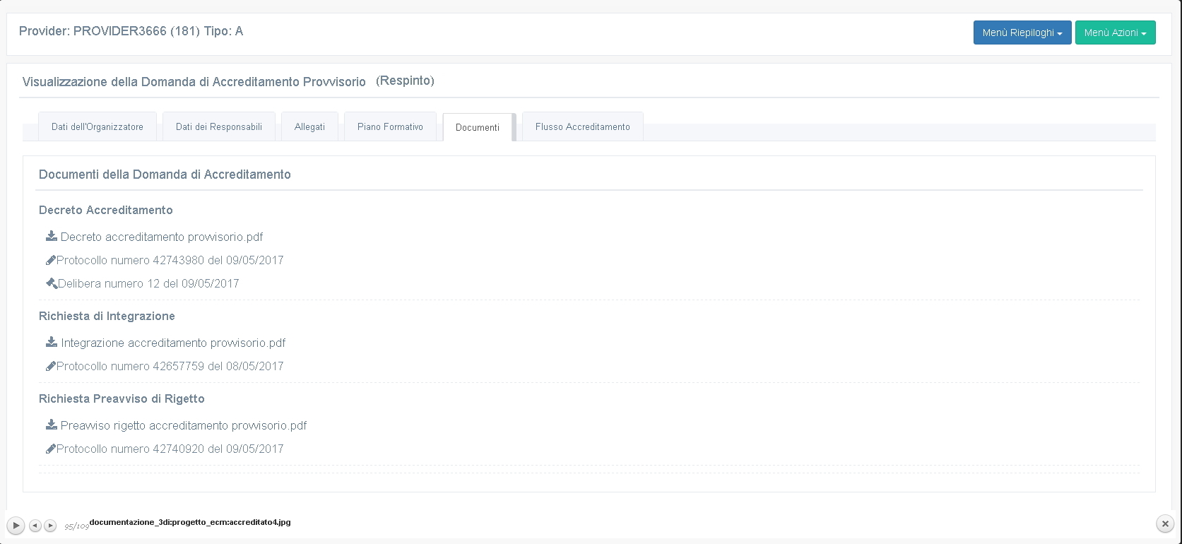 Numero e data di protocollo - Sezione Documenti