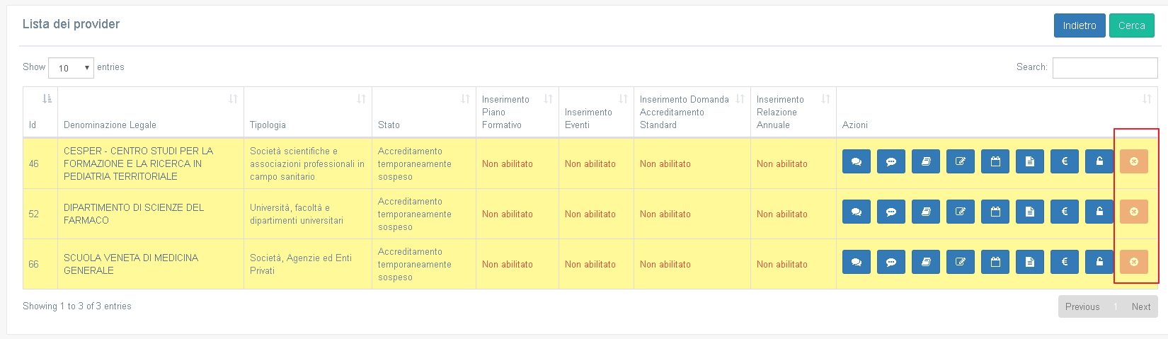 Tasto decadenza provider inibito