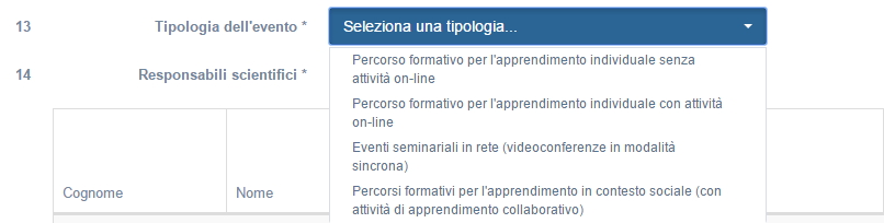 Tipologia dell'evento