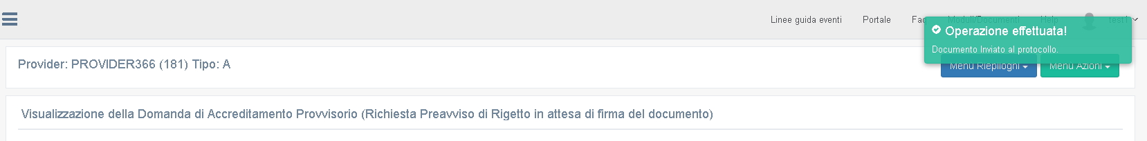 Invio al Protocollo effettuato con successo