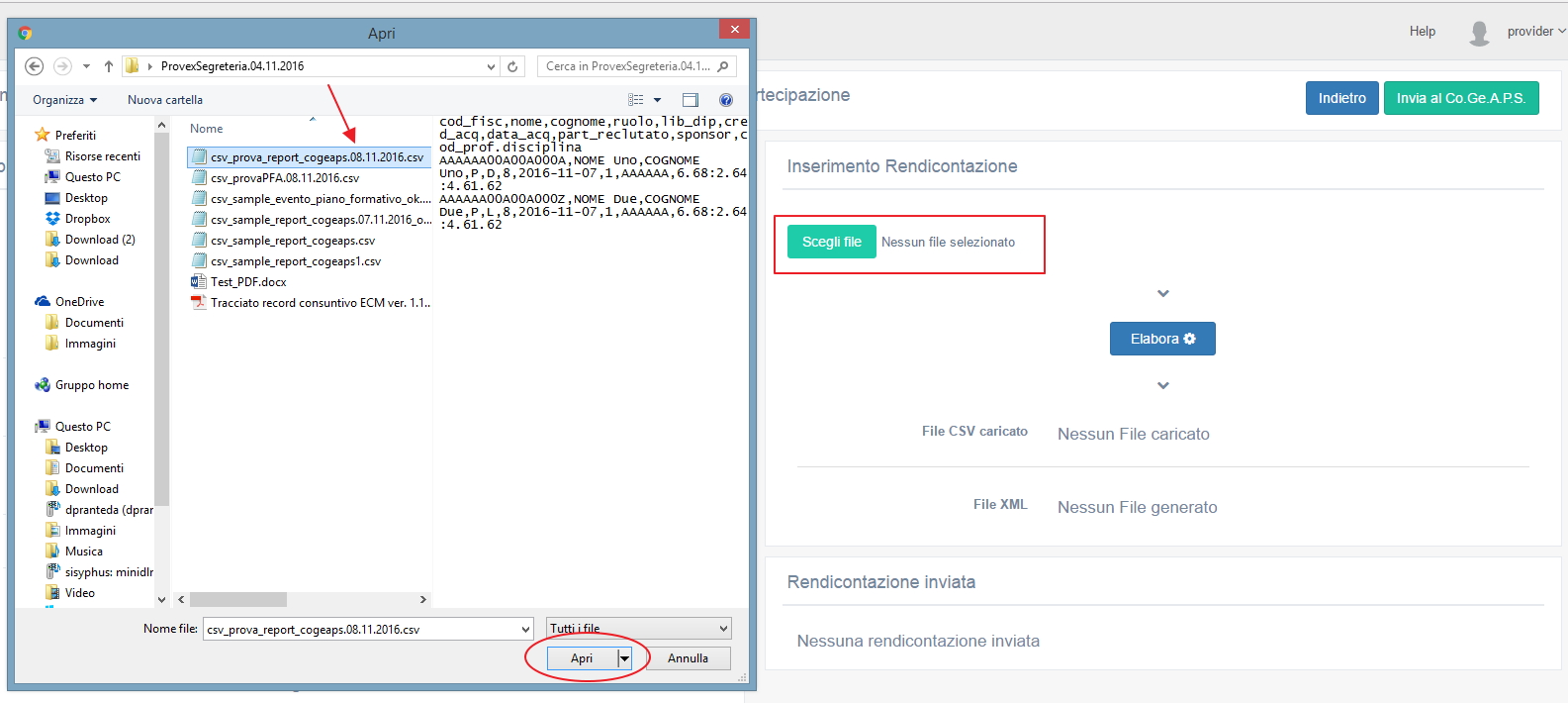 Selezione del csv