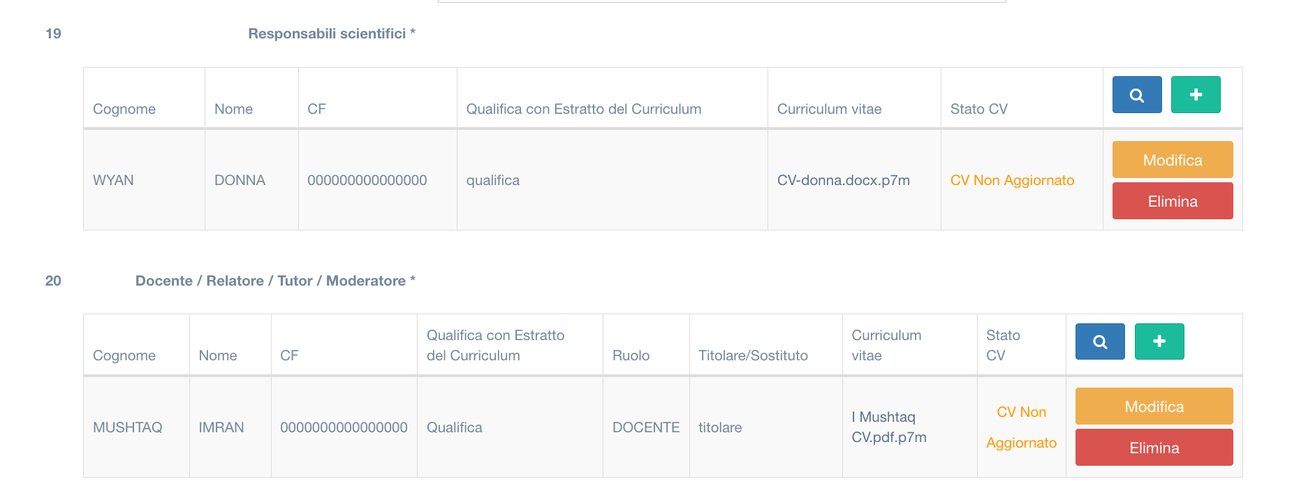 Visualizzazione anagrafiche formato tabellare