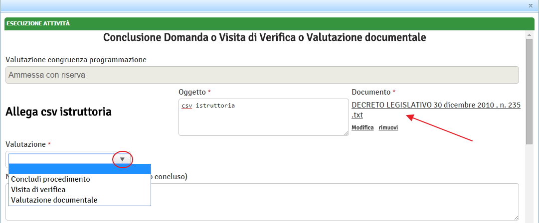 Conclusione Domanda o Visita di Verifica o Valutazione documentale