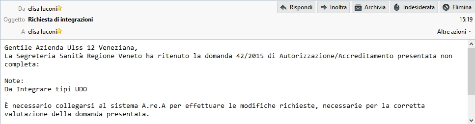 Mail di richiesta integrazioni