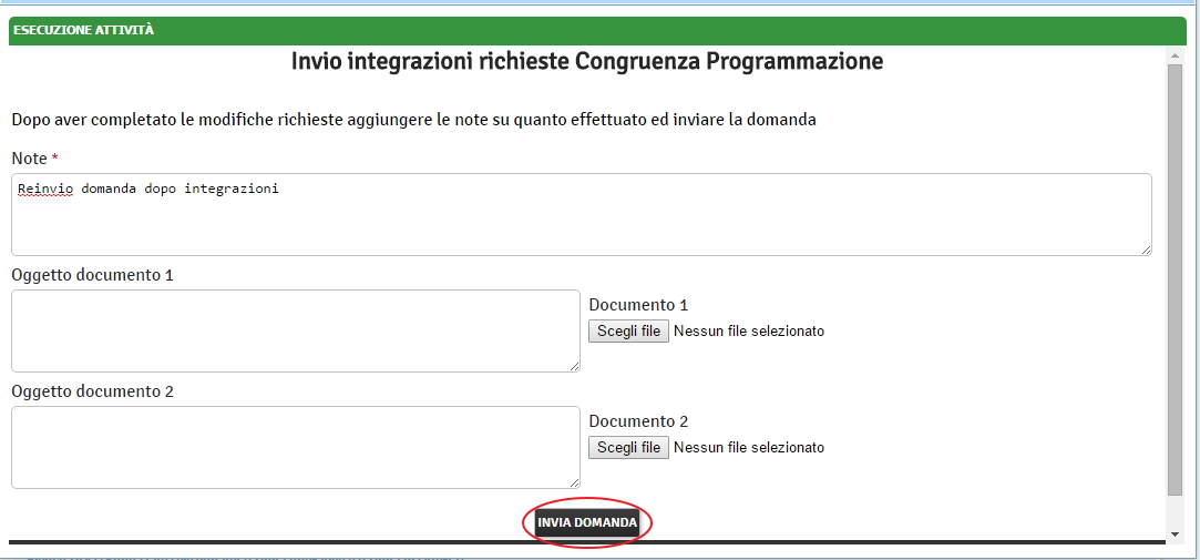 Invio integrazioni congruenza programmazione