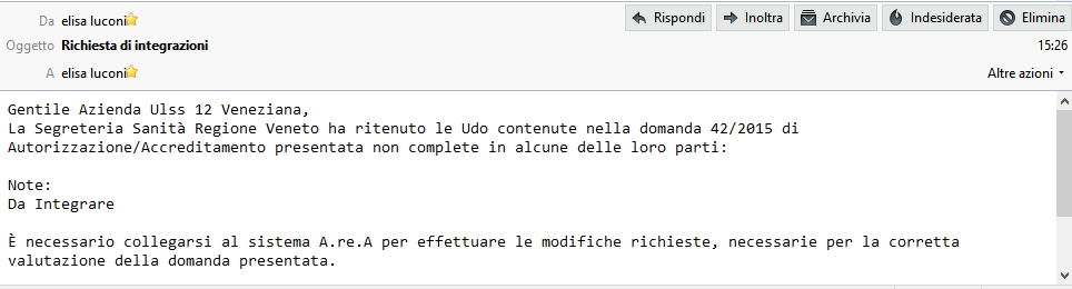 Mail di richiesta integrazioni