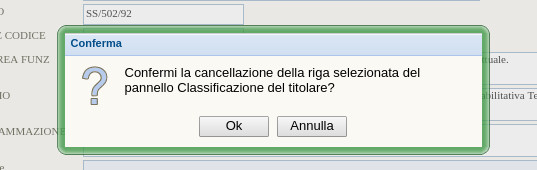 Alert eliminazione riga classificazione titolare