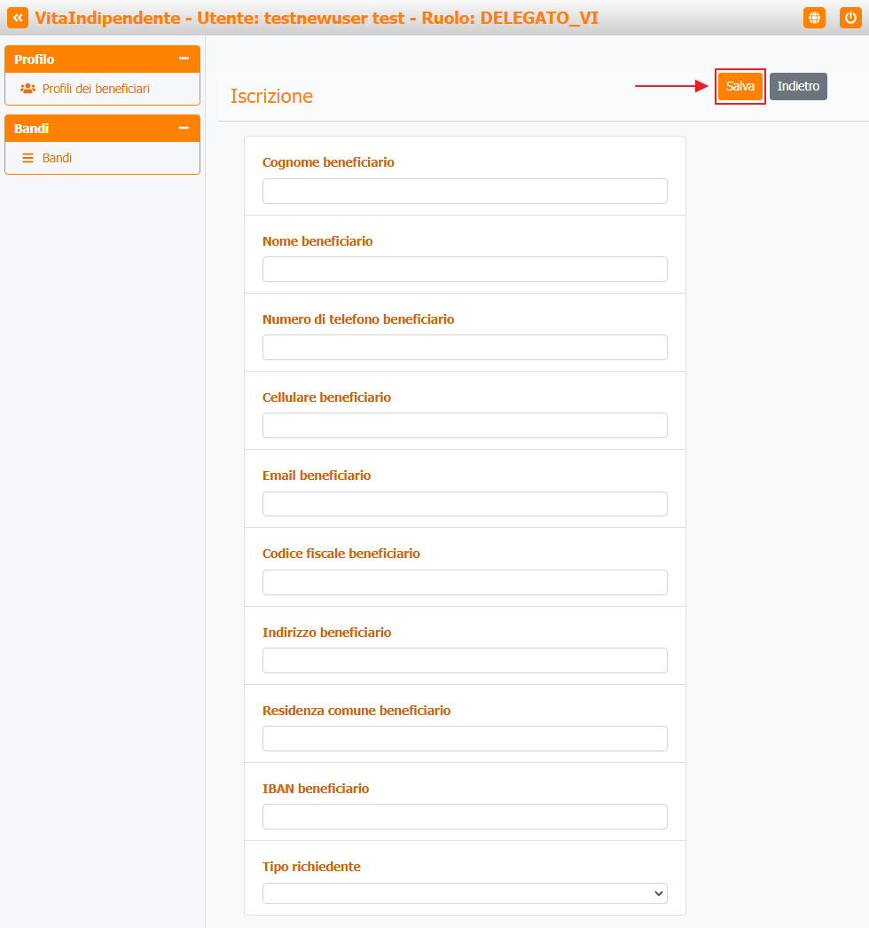 Nuovo beneficiario - Pulsante Salva