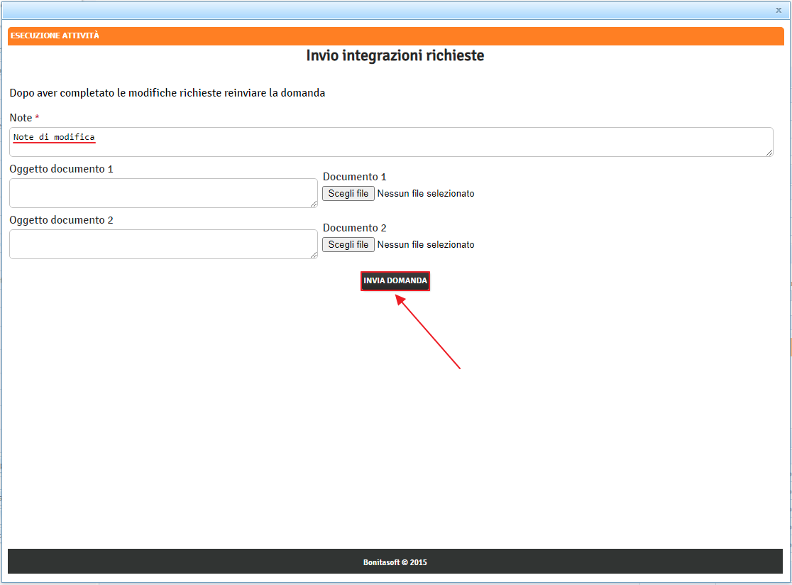 Finestra Esecuzione Attività Note e Pulsante Invia Domanda Finestra Esecuzione Attività Note e Pulsante Invia Domanda