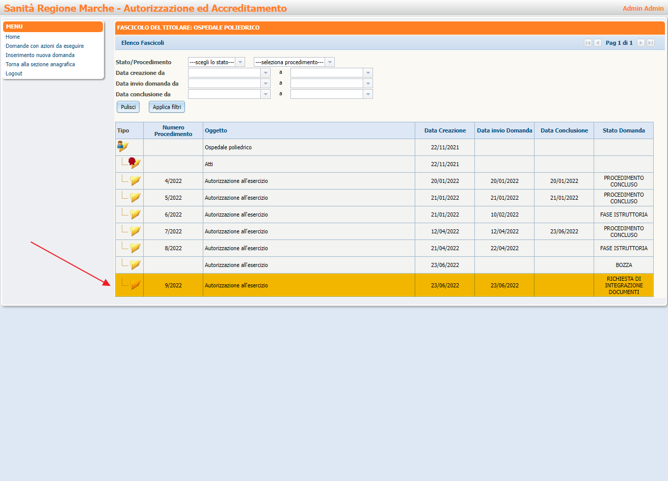 Selezione Domanda Stato Richiesta Integrazione Documenti Selezione Domanda Stato Richiesta Integrazione Documenti