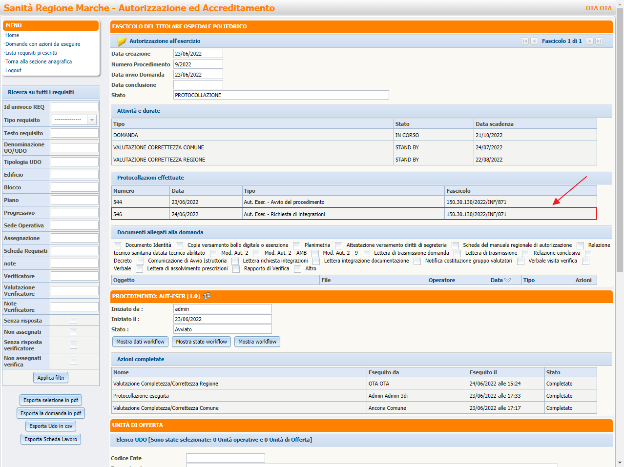 Sezione Protocollazioni effettuate Numero Data Tipo Fascicolo Sezione Protocollazioni effettuate Numero Data Tipo Fascicolo