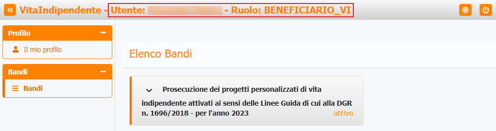 Visualizzazione nome utente e ruolo beneficiario Visualizzazione nome utente e ruolo beneficiario
