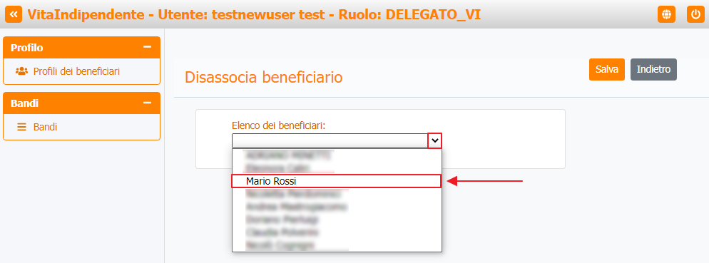 Disassocia beneficiario - Elenco beneficiari Disassocia beneficiario - Elenco beneficiari