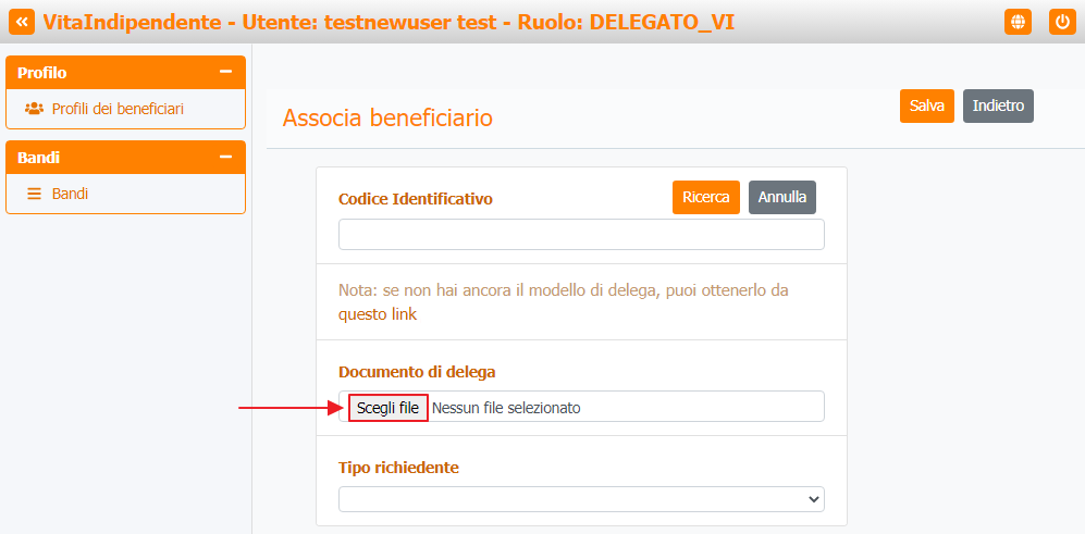 Associa beneficiario - Caricamento modello delega Associa beneficiario - Caricamento modello delega