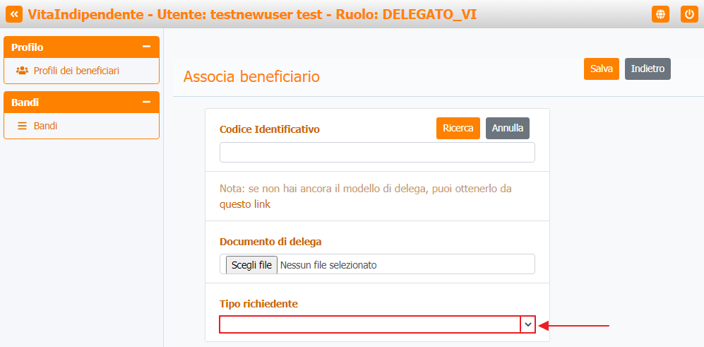 Associa beneficiario - Selezione tipo richiedente Associa beneficiario - Selezione tipo richiedente