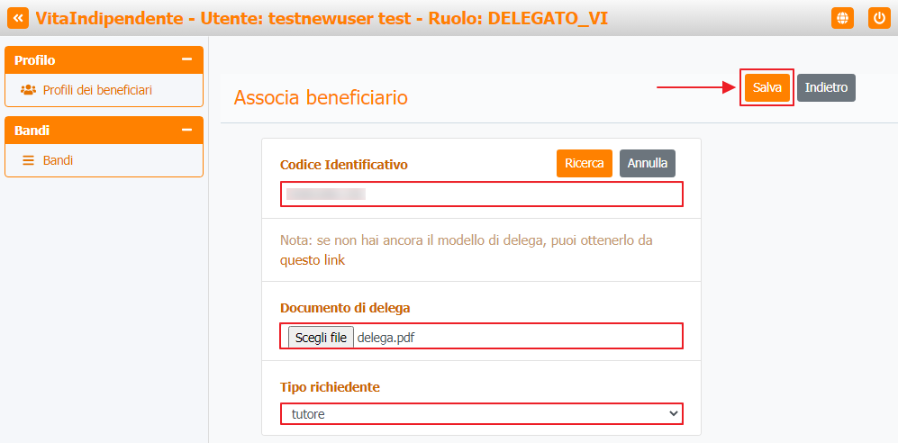 Associa beneficiario - Compilazione form e pulsante salva Associa beneficiario - Compilazione form e pulsante salva