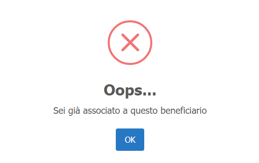 Associa beneficiario - Finestra di errore beneficiario associato Associa beneficiario - Finestra di errore beneficiario associato