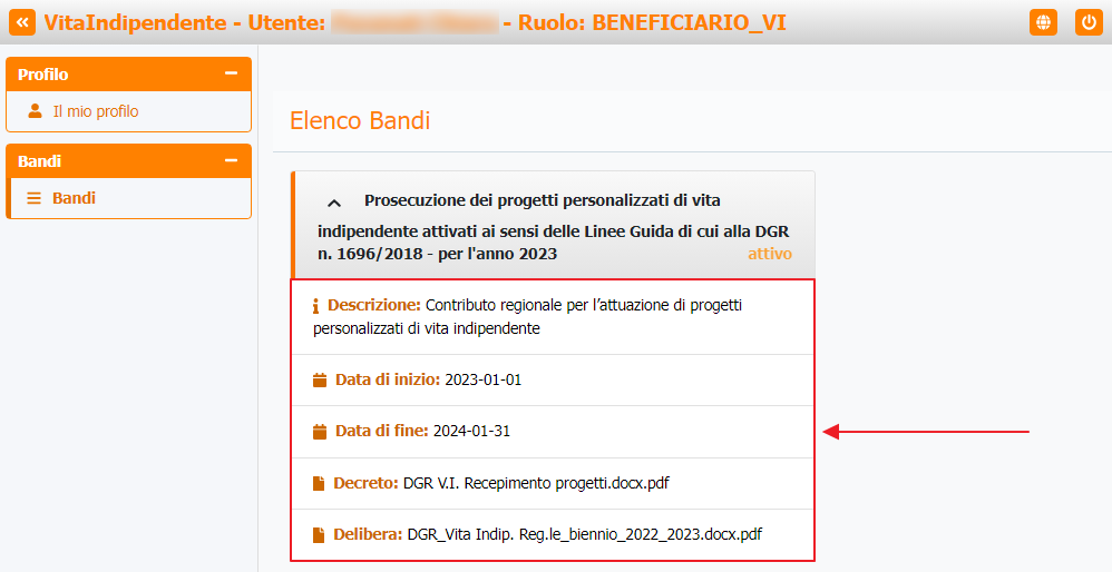 Visualizzazione dettagli bando beneficiario Visualizzazione dettagli bando beneficiario