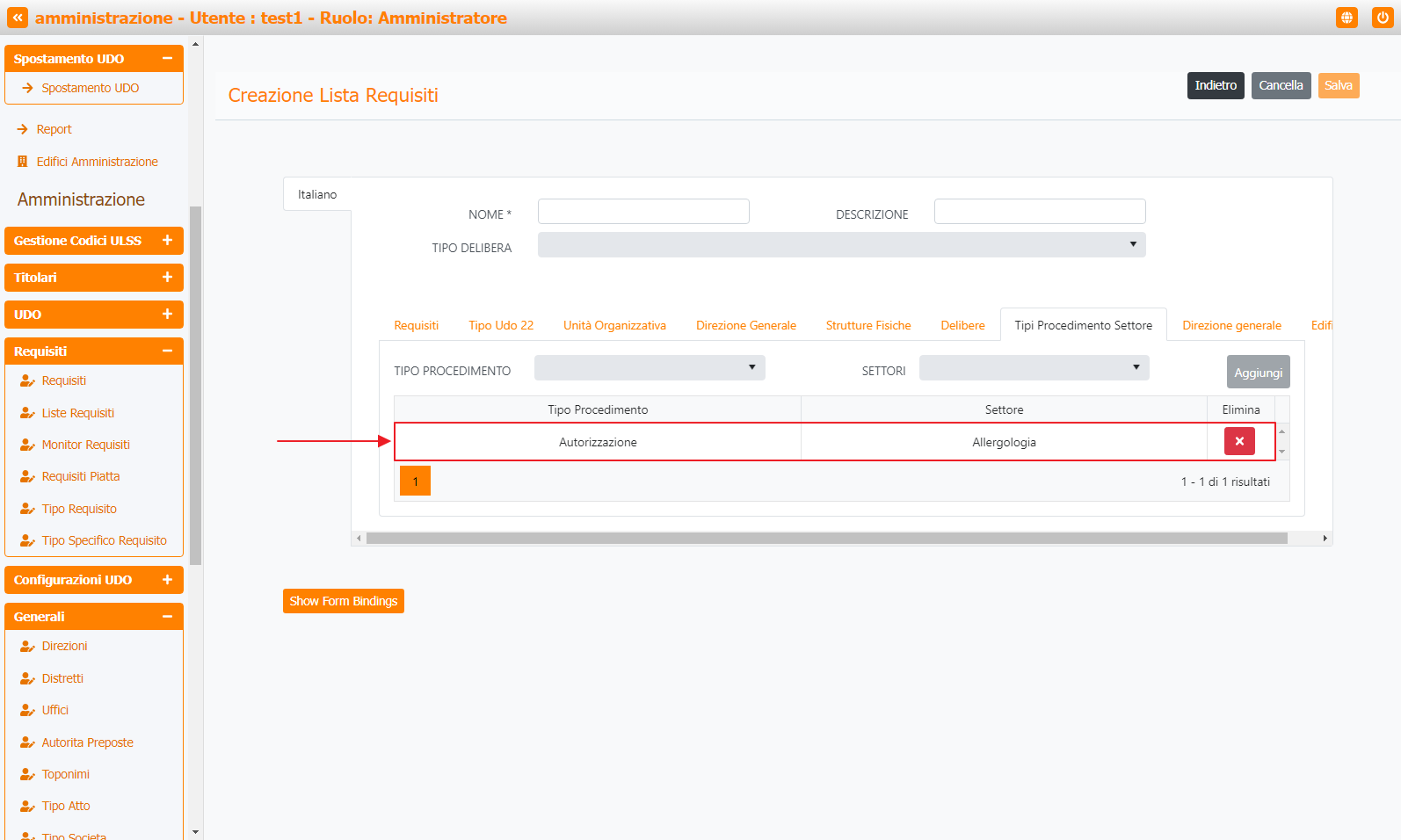 Aggiornamento Lista Requisiti con Tipo Procedimento Settore