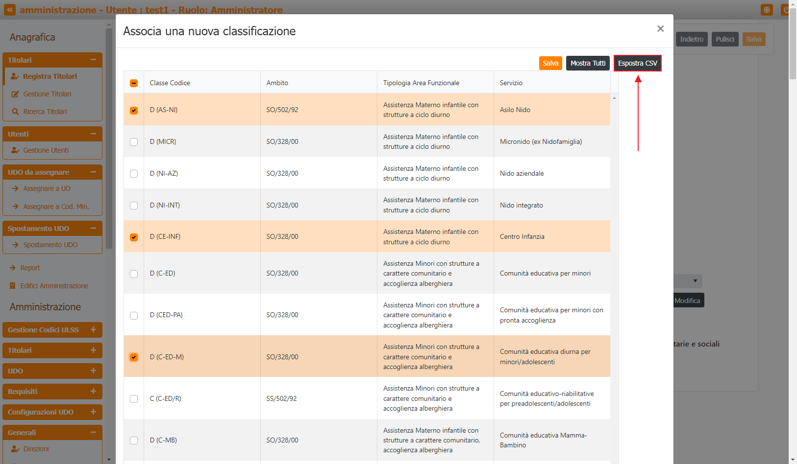 Classificazioni Selezionate Pulsante Esporta CSV