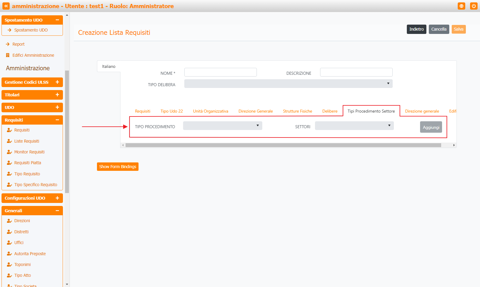 Lista Requisiti Sezione Tipi Procedimento Settore