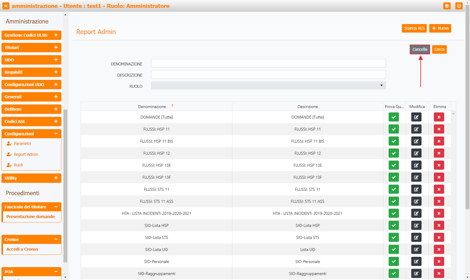 Pulsante Cancella Report Admin