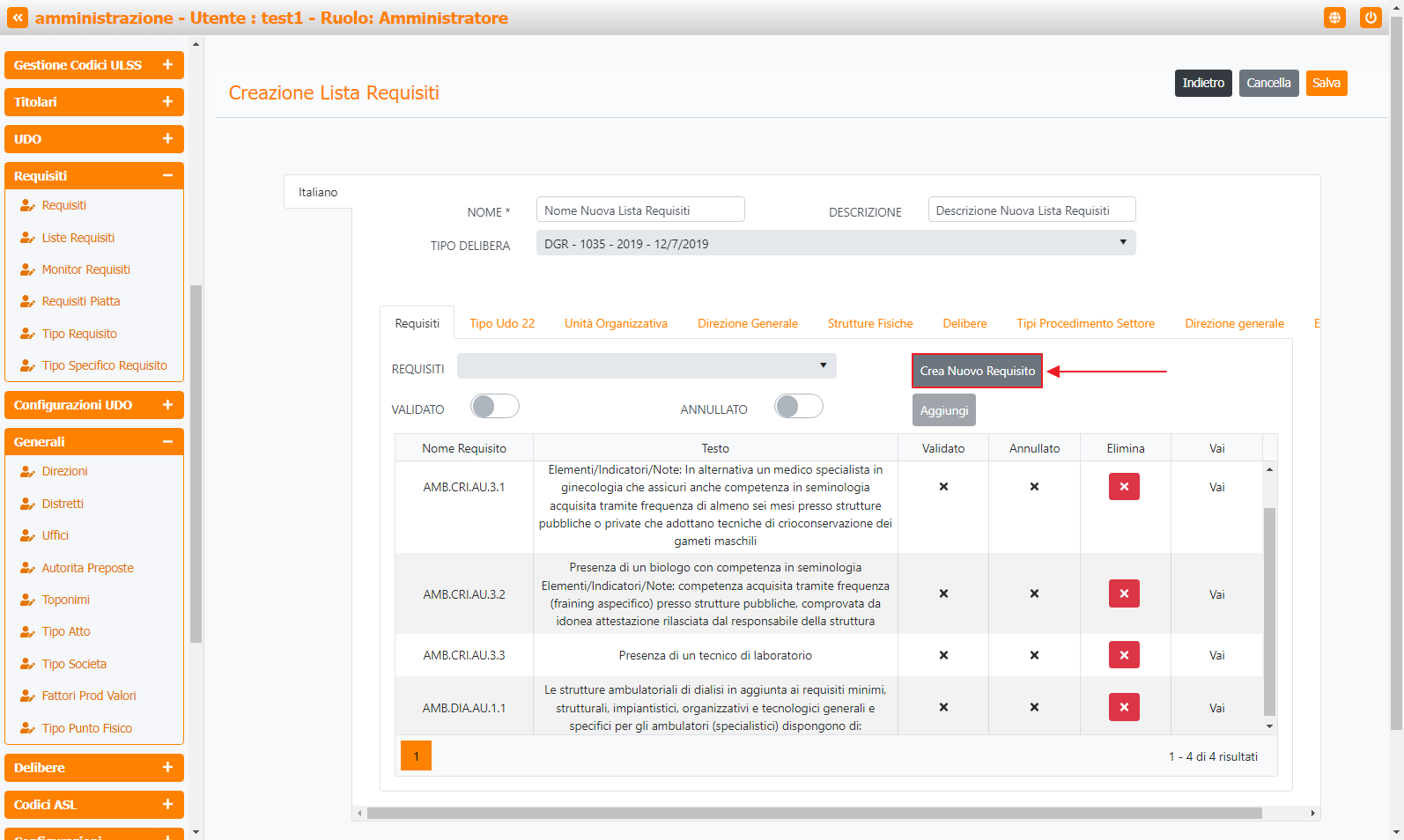 Pulsante Crea Nuovo Requisito Lista Requisiti