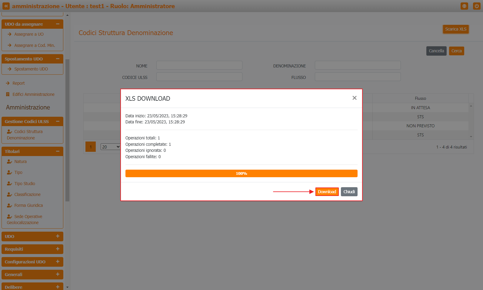 Pulsante Download XLS Tabella Codici ULSS
