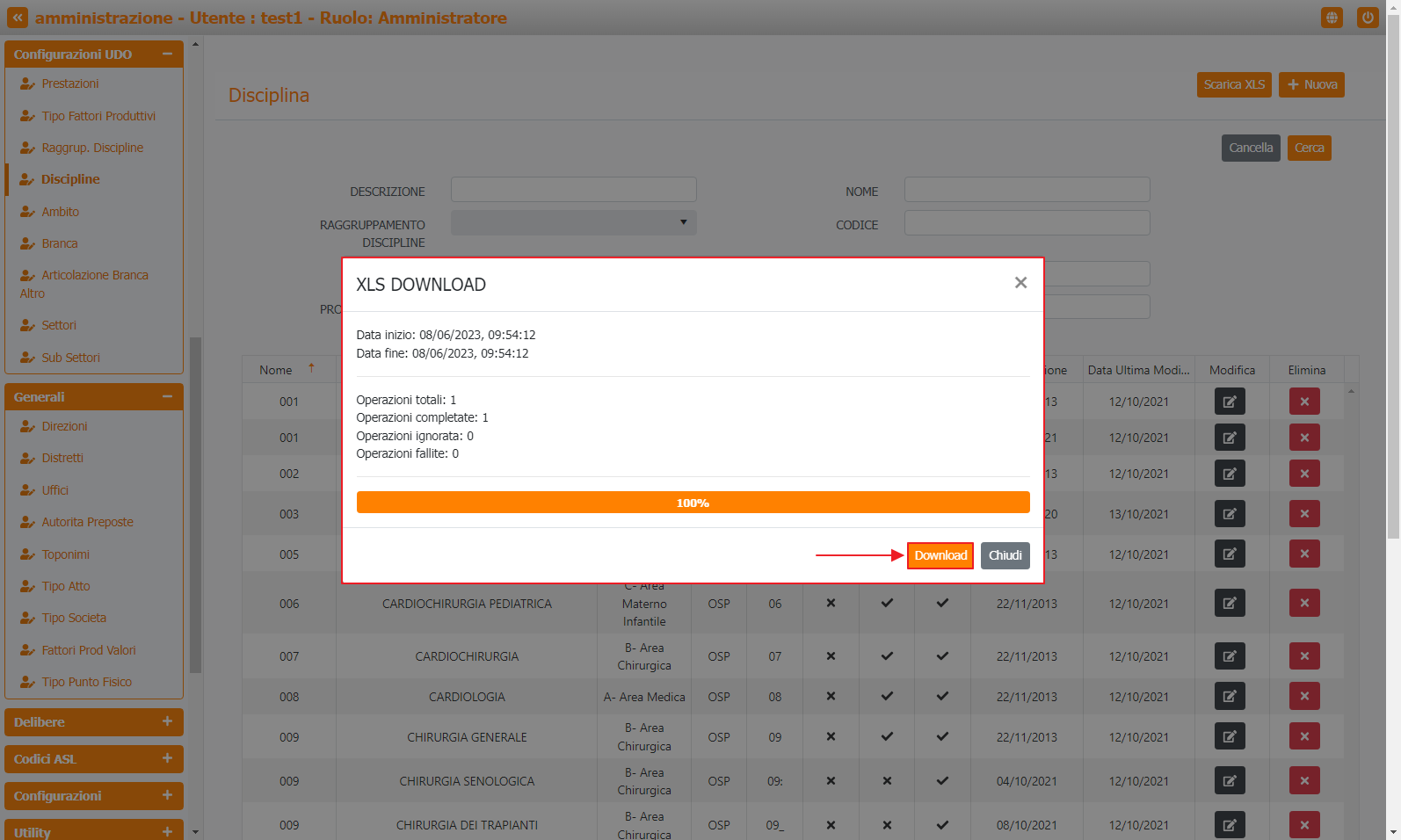 Pulsante Download XLS Tabella Discipline