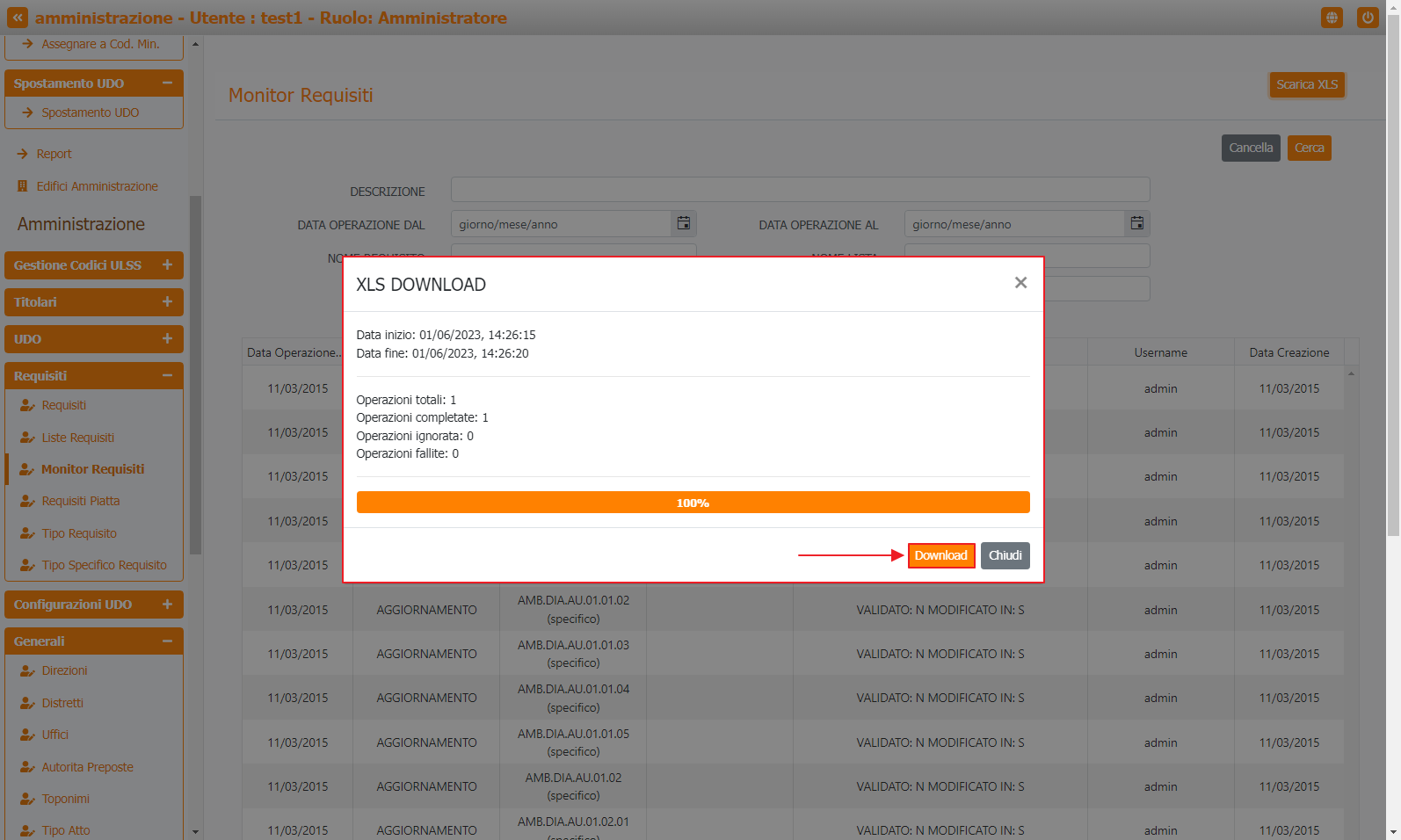 Pulsante Download XLS Tabella Monitor Requisiti