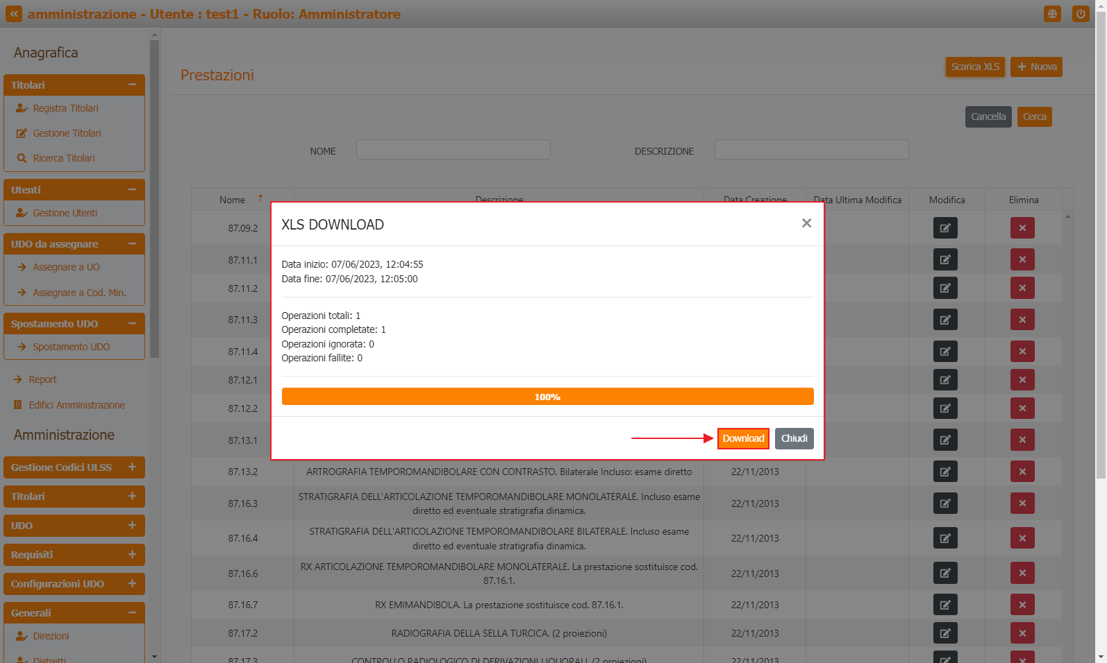 Pulsante Download XLS Tabella Prestazioni