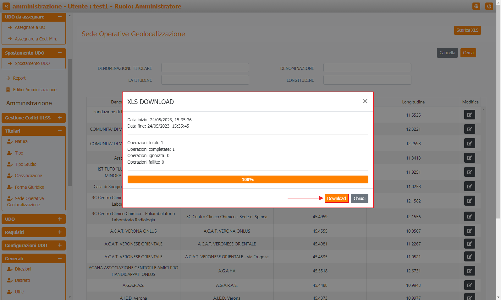 Pulsante Download XLS Tabella Sede Operativa Geolocalizzazione