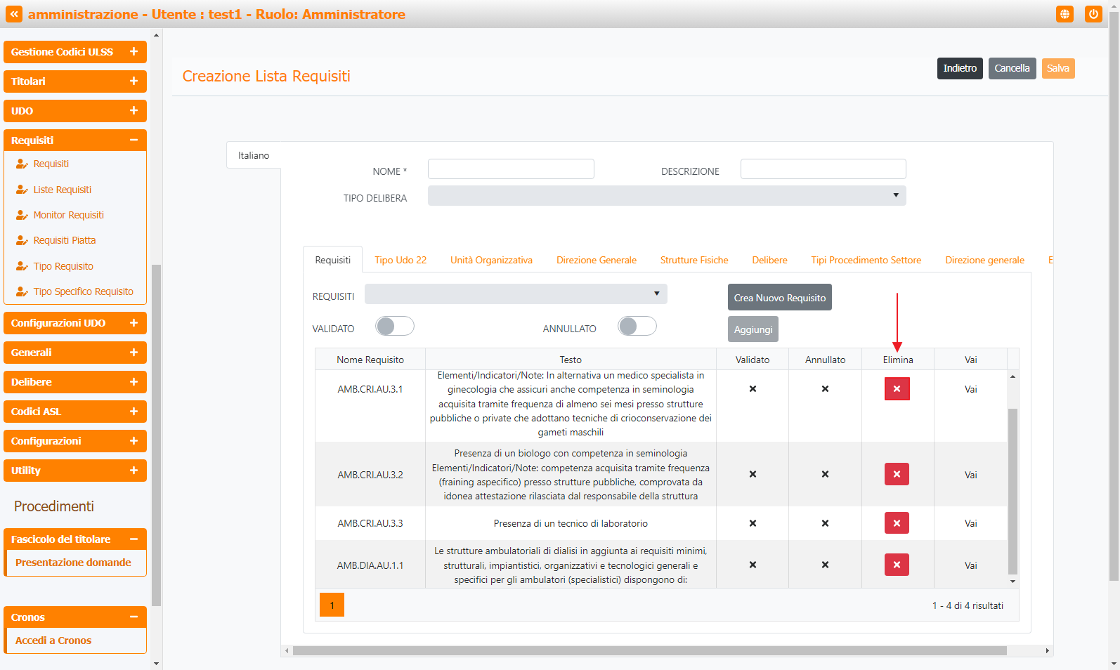 Pulsante Elimina Requisiti da Lista Requisiti