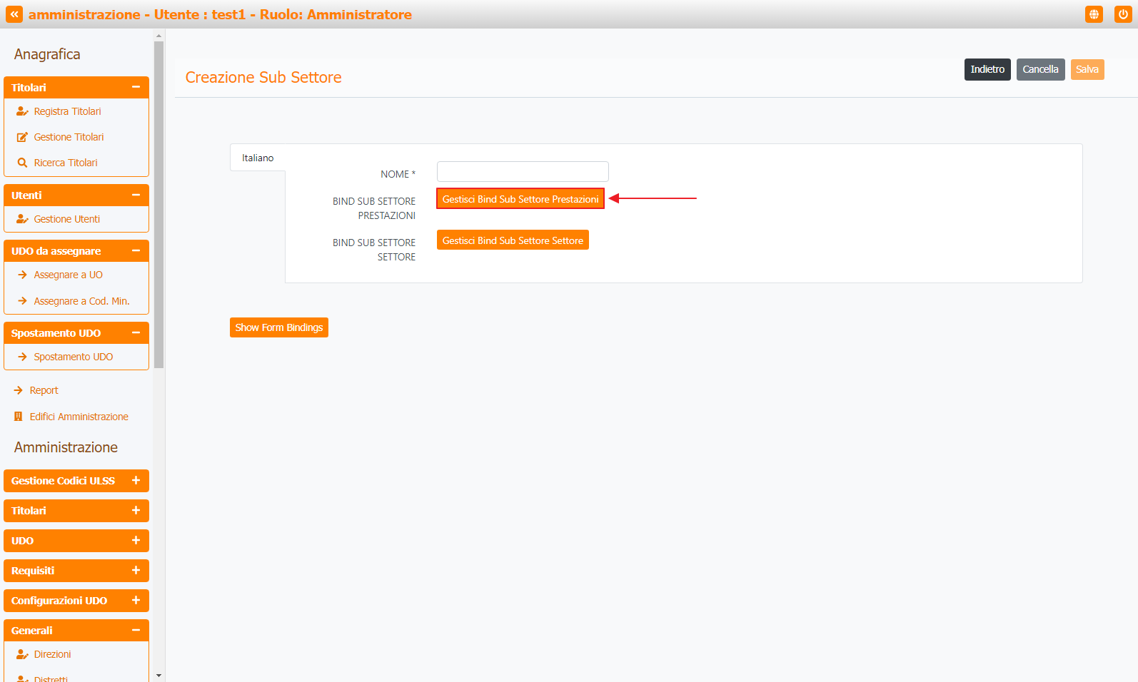 Pulsante Gestisci Bind Sub Settore Prestazioni