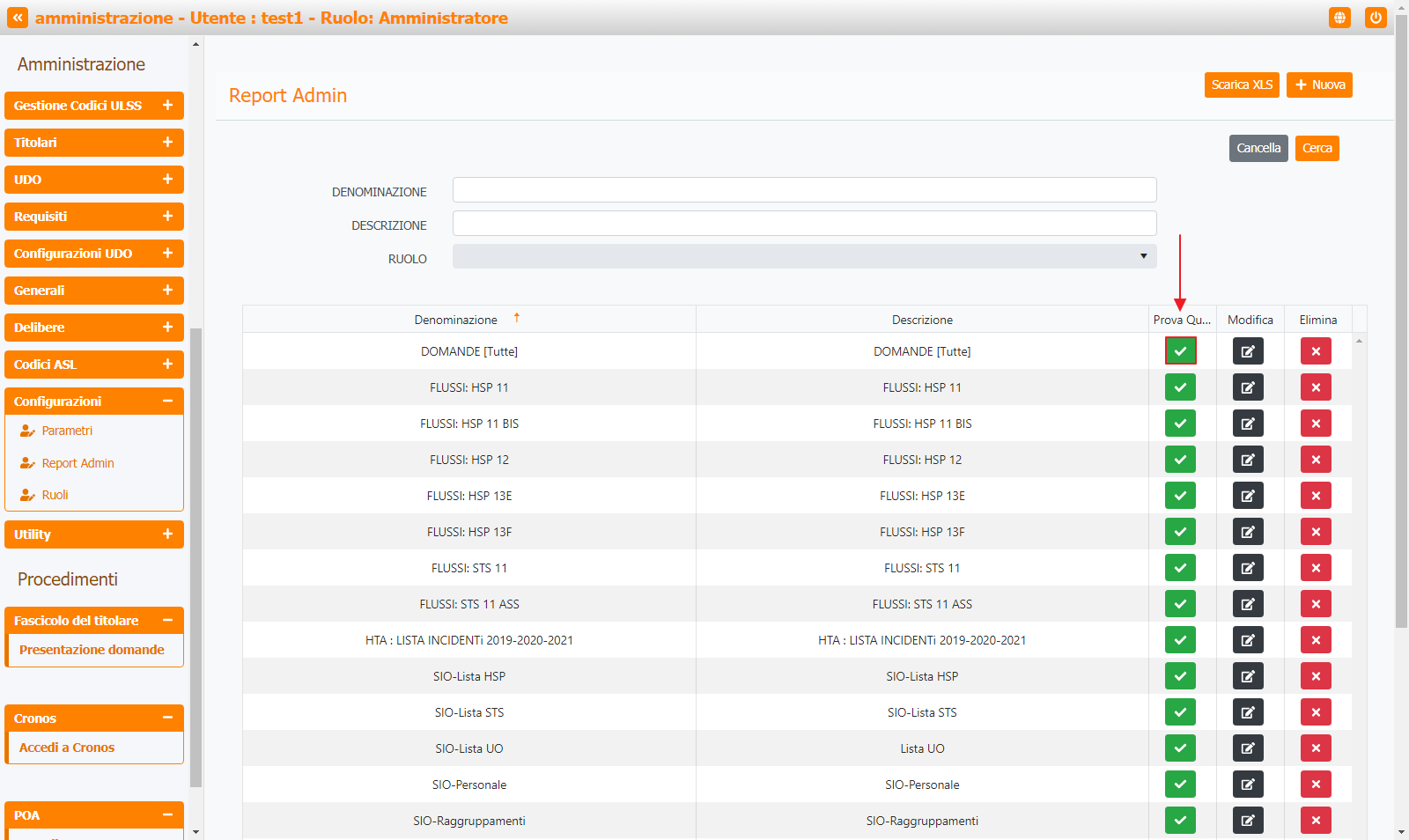 Pulsante Prova Query Report Admin