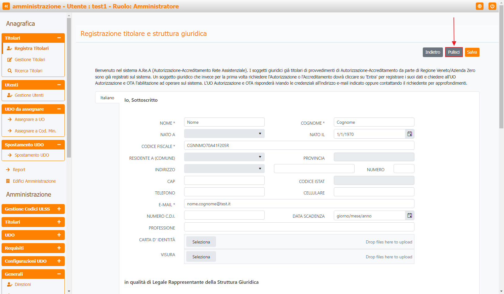 Pulsante Pulisci Registrazione Titolare