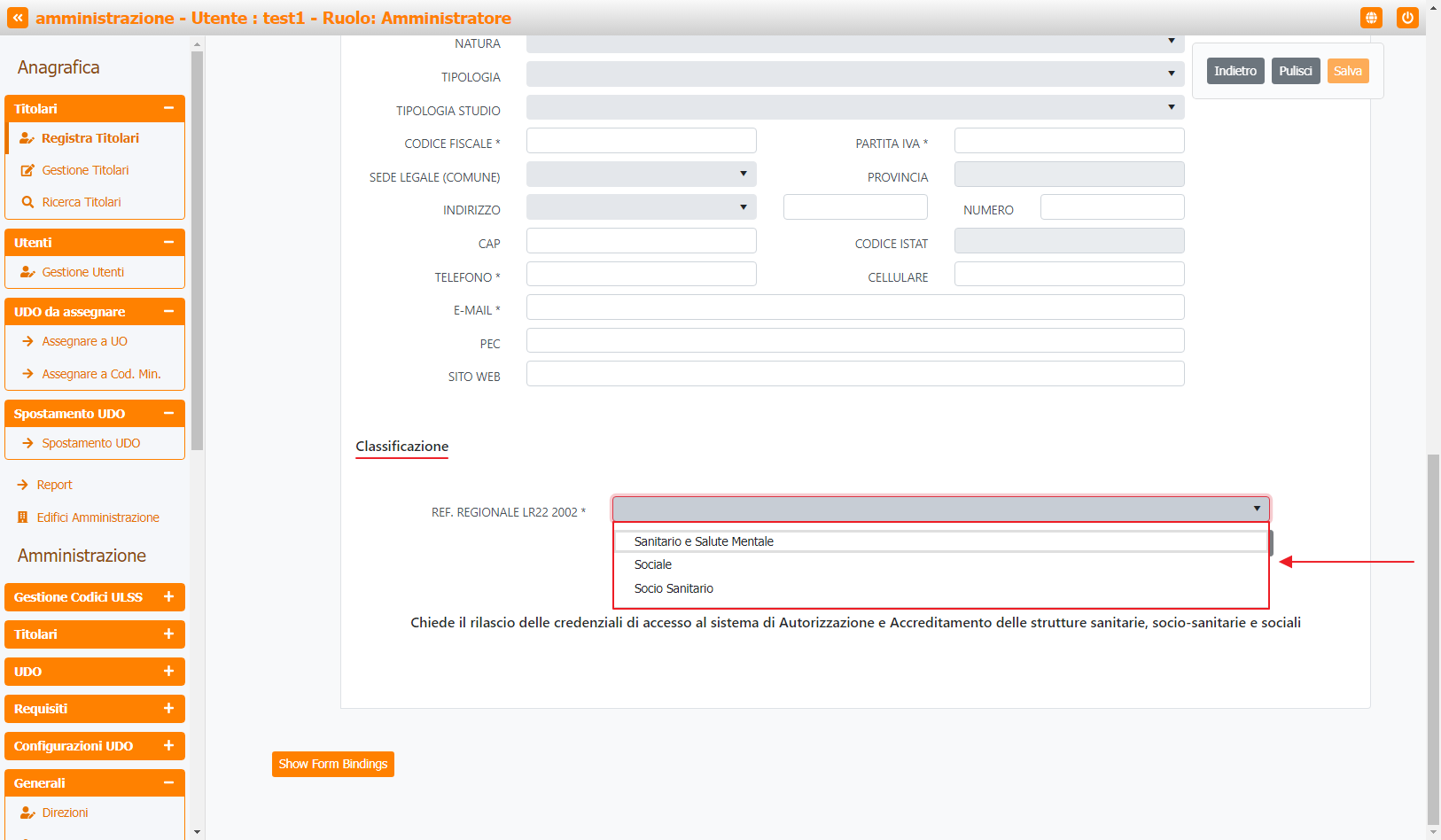 Registrazione Titolare - Tendina Classificazione