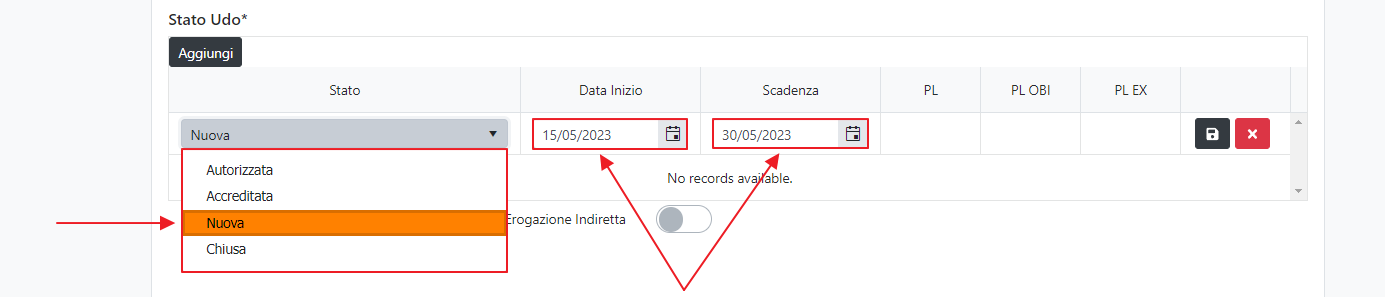 Tendina Stato UDO Data Inizio e Scadenza