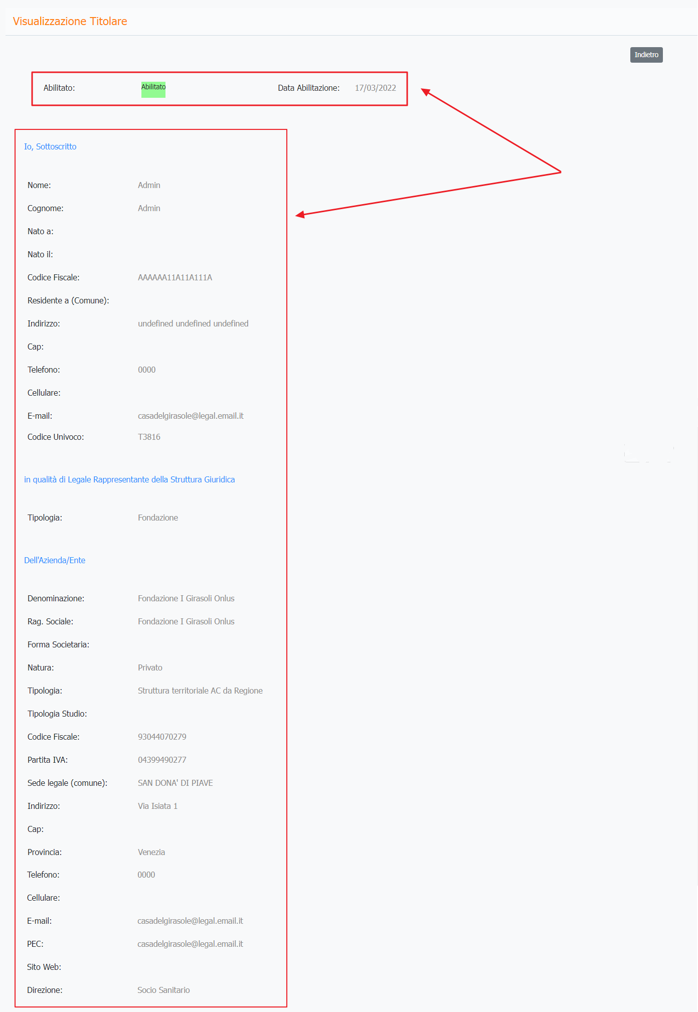 Visualizzazione Scheda Titolare